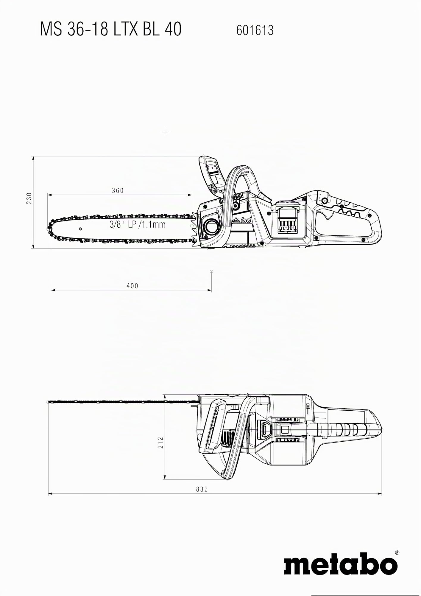 metabo MS 36-18 LTX BL 40 Motosierra de Batería, 36V, Espada 40 cm | Sierra de cadena sin batería ni cargador, motor Brushless, velocidad de cadena 22 m/s, longitud de corte 36 cm