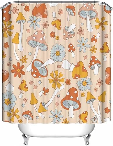 Miniatura 9 de Cortina de ducha de hongo hippie retro para baño con 12 ganchos, bonito juego de cortinas de ducha bohemias para decoración de baño, 72 x 72
