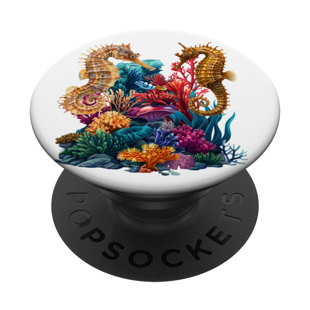 A Coral Reef and Two Seahorses PopSockets Swappable PopGrip, Black
