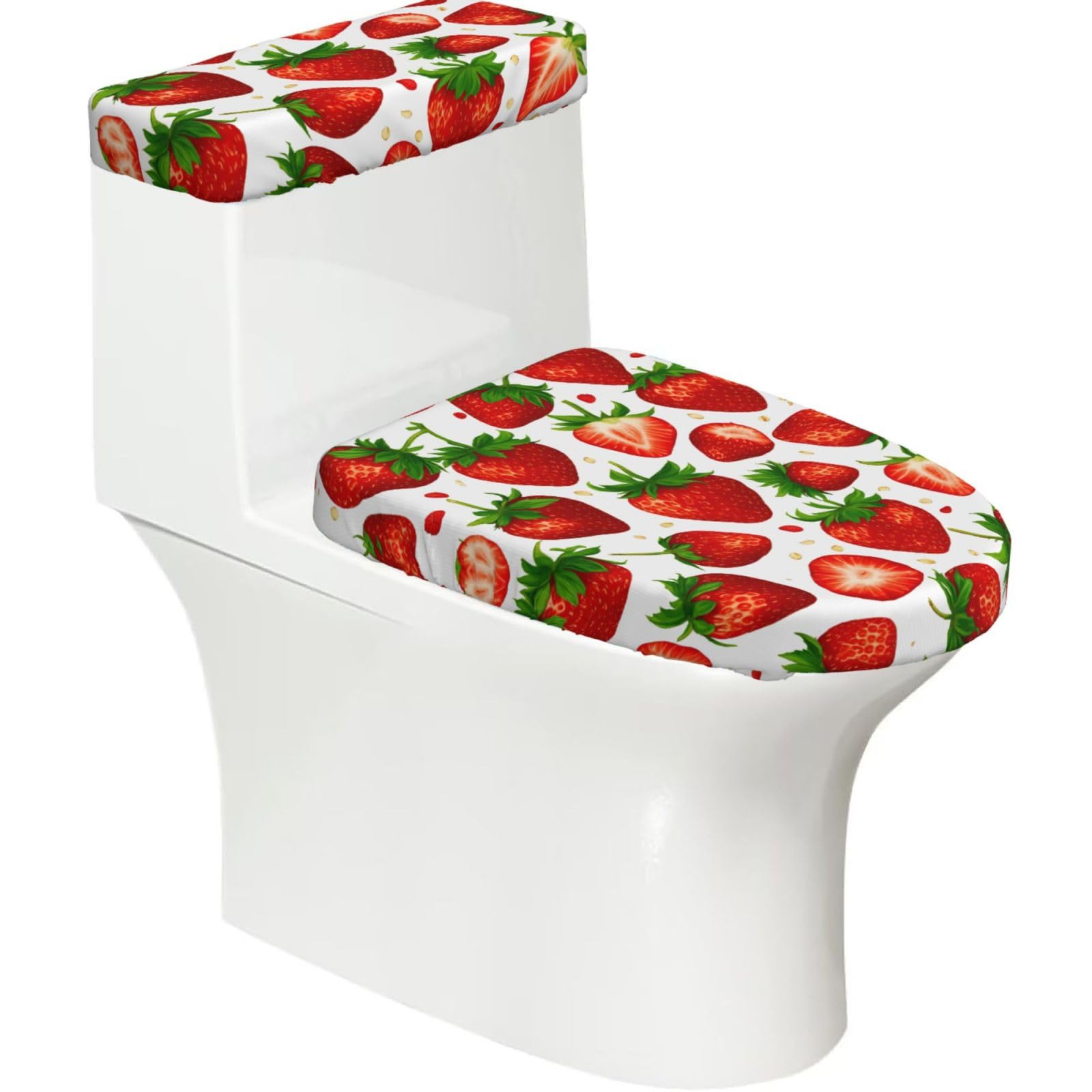 Strawberry Printed Toilet Tank and Lid Cover Set of 2 for Most Bathrooms, Fits Elongated Round Toilets