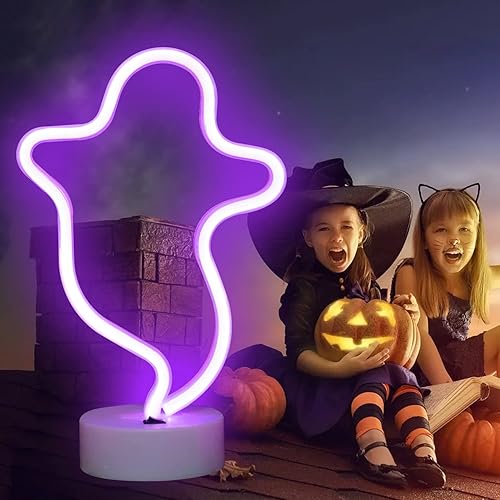Miniatura 10 de Letreros de neón de fantasma, decoraciones de Halloween, letreros LED con forma espeluznante, luces de noche de neón para gótico, hogar, fiesta de
