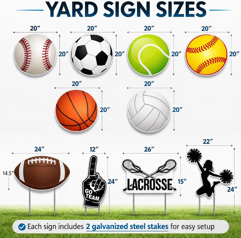 VictoryStore Yard Decorations, Sports Yard Card Accessories Outdoor Yard Signs, 2 Stakes Included Per Sign (Sports Theme 10 Signs) AC2
