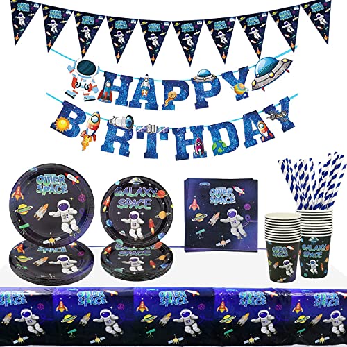 Suprimentos para festas no espaço exterior: Banner de feliz aniversário com tema Galaxy Planet, pratos, guardanapos, canecas, palhinhas e toalha de mesa para decoração infantil, para 20 convidados