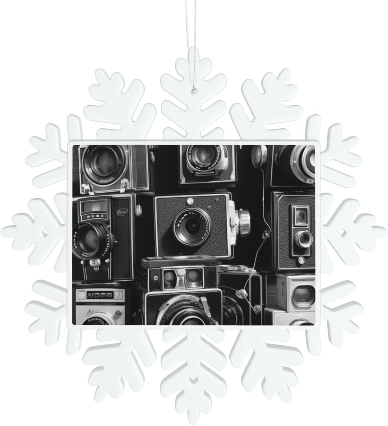 Christmas Ornaments Retro Cool Camera Collection Snowflake Hanging Plastic Glitter nowflake Ornaments with Silver Rope Christmas Tree Decorations for Window Door Accessories