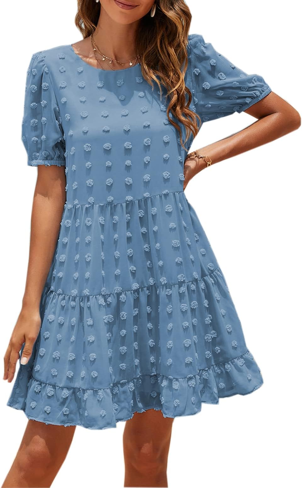 ZILIN Summer Women's Swiss Dot Mini Dress Casual Short Sleeve Swing A-Line Babydoll Short Dresses