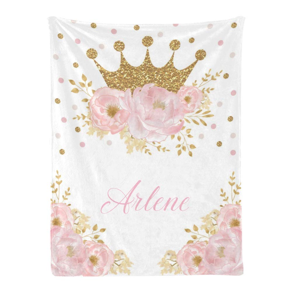 Yeshop Princess Floral Pink Gold Crown Personalized Receiving Baby Blankets for Girls Boys with Name,Customized Swaddle Blankets Gift for Newborn Crib Infants 30x40 Inches