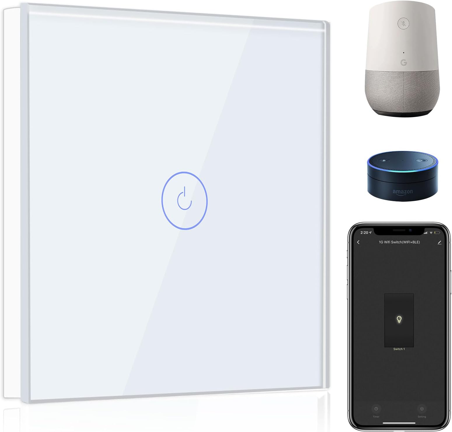 BSEED Smart Light Switch,Compatible with Alexa and Google Home,1 Gang 1 Way WiFi Touch Switch,2 Way or Multi-Way Control by SmartLife APP,White Alexa Switch with LED Indicator Light-Neutral Wire Need
