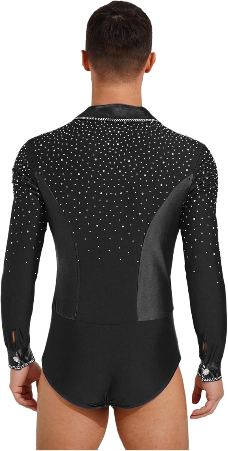 Mens Long Sleeve Latin Dance Shirt Tops Figure Skating Bodysuit Tango Cha-cha Ballet Dancewear