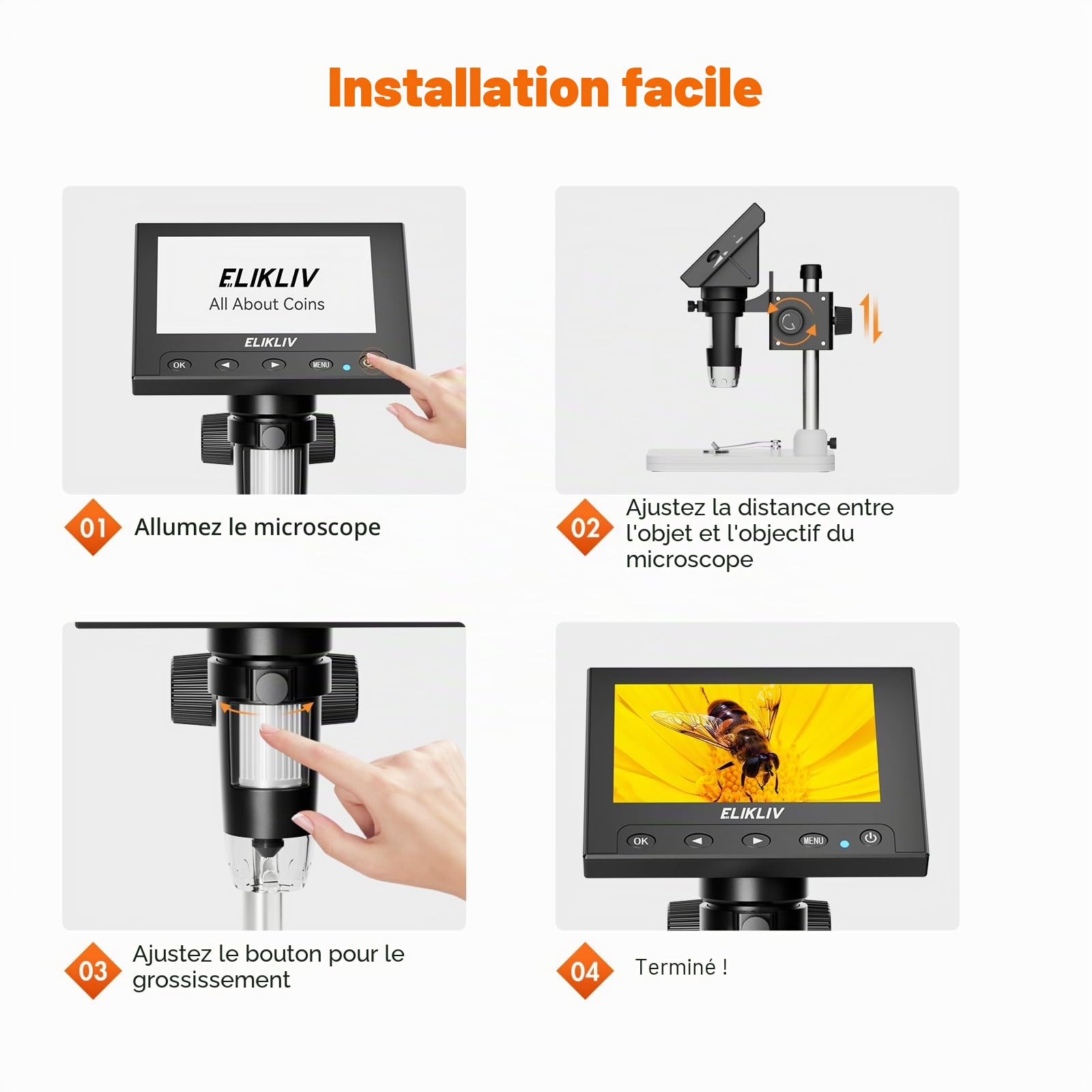 Elikliv Microscope numérique LCD pour pièces de Monnaie 1000x, Loupe avec 8 LED réglables, Vue PC Compatible avec Windows, EDM4, 4,3 Pouces