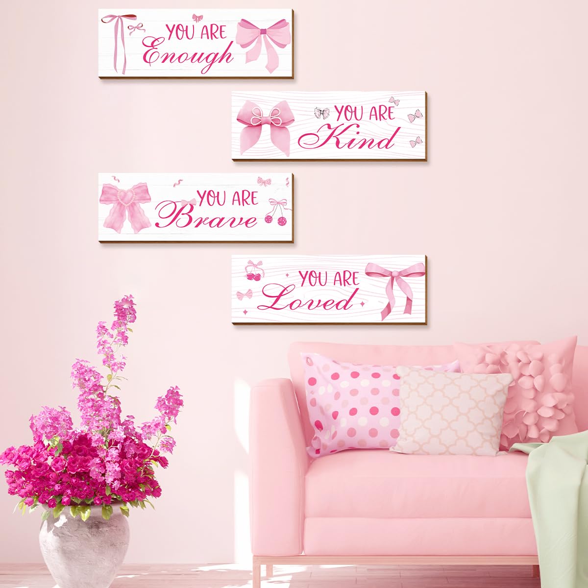 Riletese 4-Piece Pink Bow Wall Decor – Inspirational Wooden Signs For Teen Girls Room & Bathroom