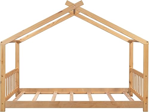 Miniatura 5 de Merax Cama de madera de tamaño completo con techo y ventana, color gris