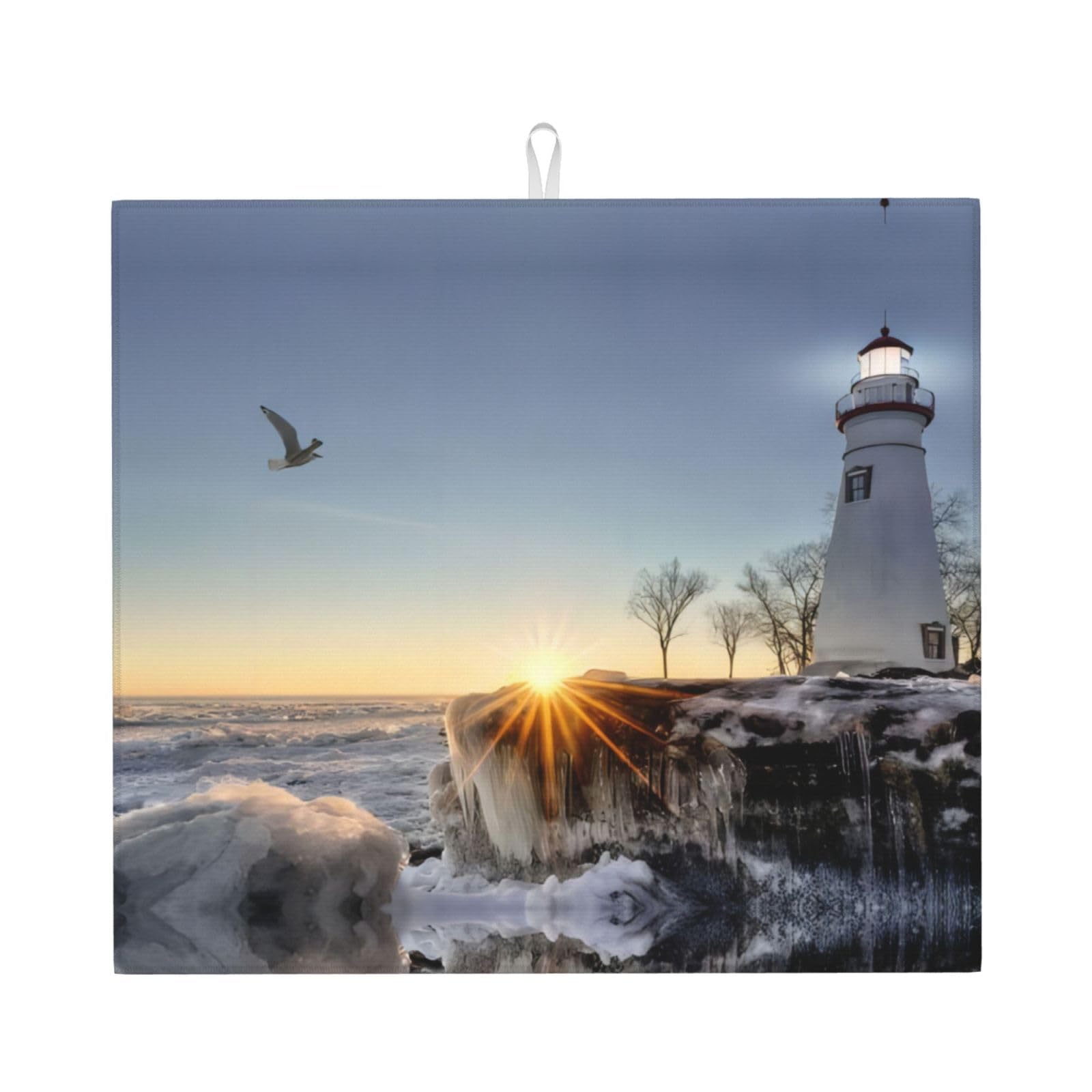 WHJSSF Lighthouse Rocks Seaside Prints Kitchen Drying Mat - Absorbent Dish Drying Throw with Colorful Prints, Quick-Dry Countertop Layer for Dishes & Appliances - Non-Slip & Foldable