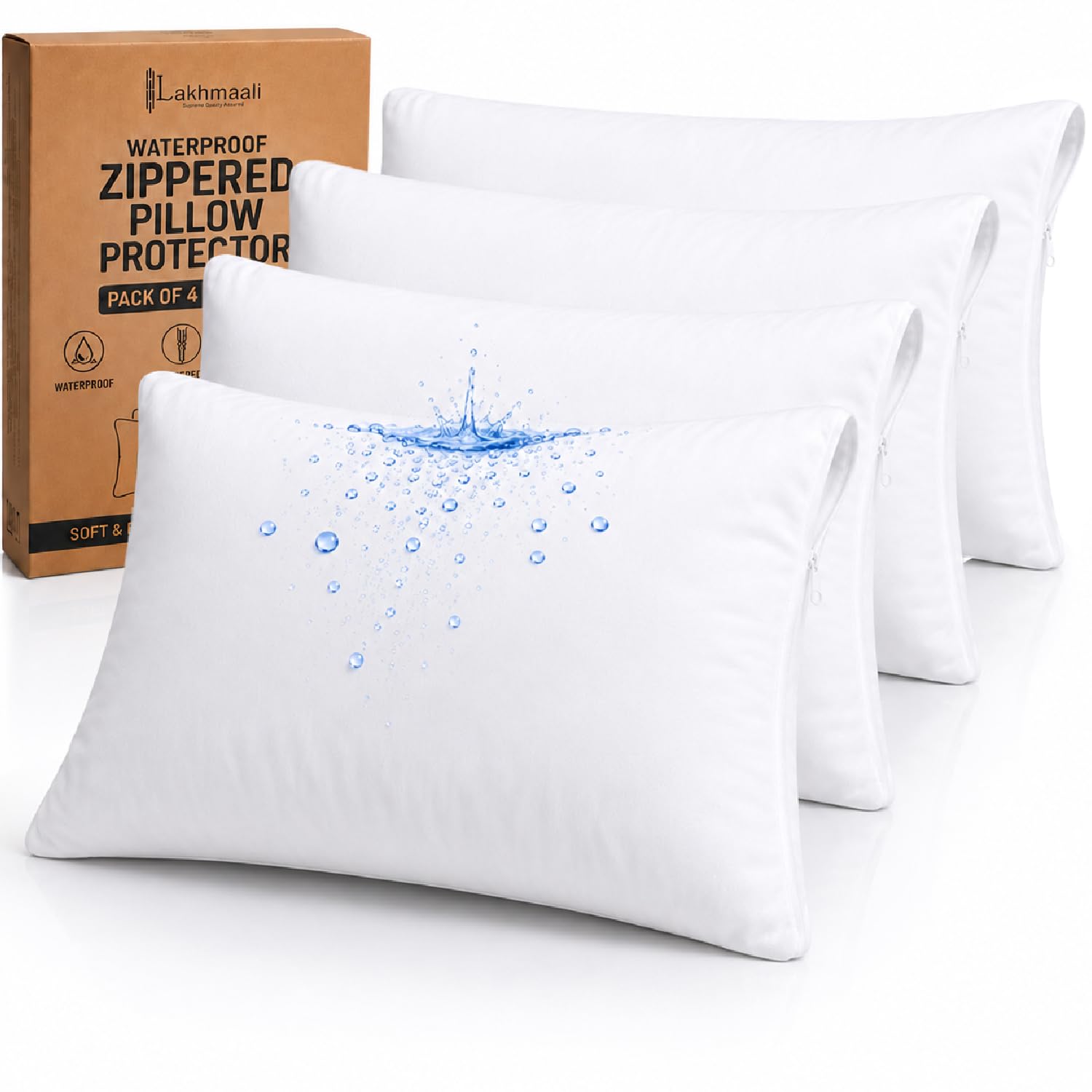 Lakhmaali Waterproof Pillow Protectors 4 Pack 50x75cm — Zip Anti Dust Mite