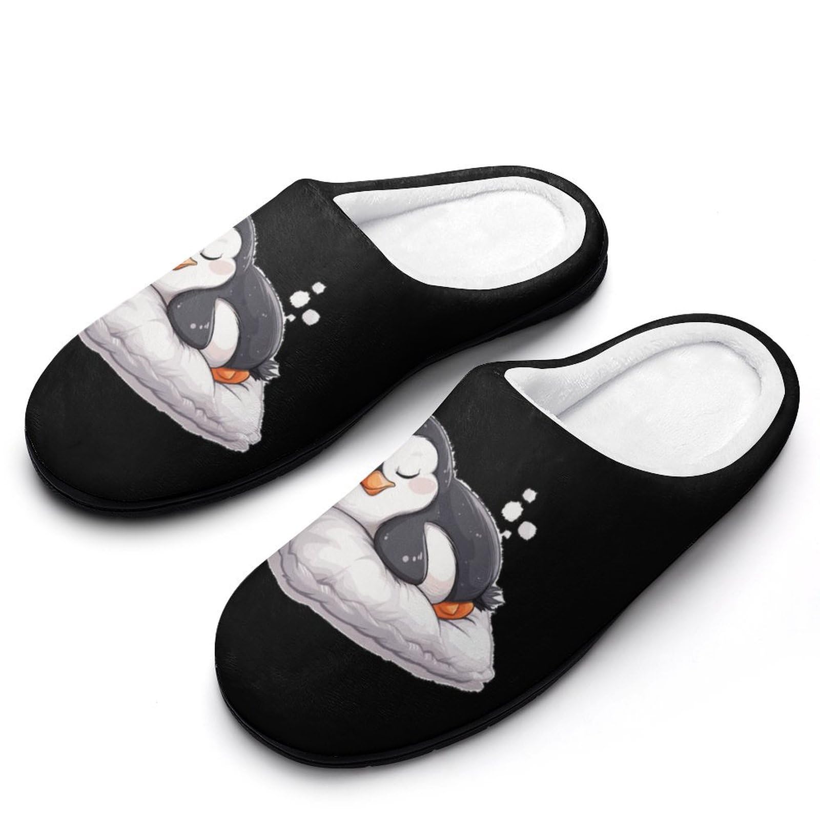 Cute Penguin Sleeping Mens Slippers Casual Slip On Warm House Shoes with Rubber Sole Indoor Outdoor 9-10?42-43?