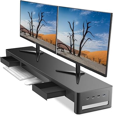 Meatanty Supporto a doppio monitor con 2 cassetti e 4 porte USB, supporto per monitor in metallo per 2 monitor, supporta trasferimento dati e ricarica, organizer da scrivania per PC, iMac