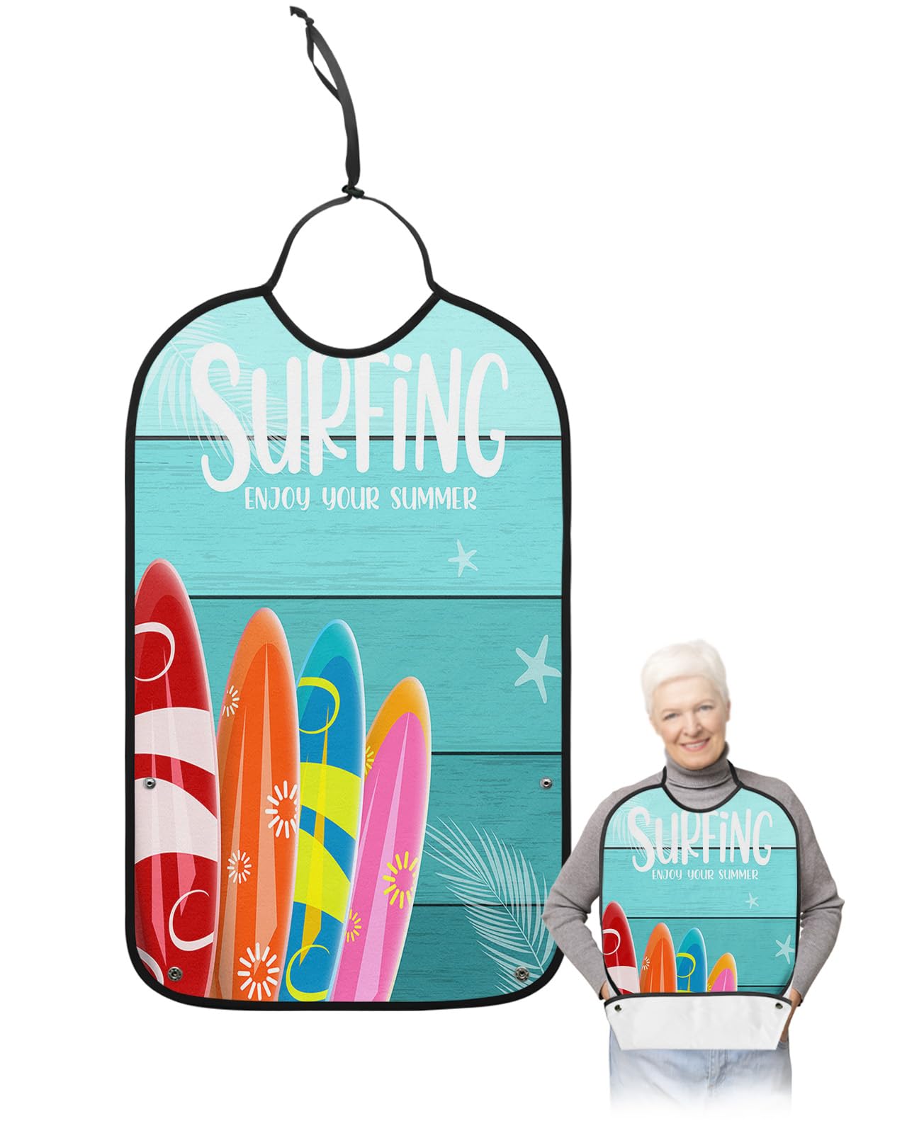 Kewadony Adult Bibs for Elderly Women - Summer Surfboard Beach Waterproof Dining Clothing Protectors with Crumb Catcher for Eating/Feeding, Ocean Teal Ombre Wood Terry Cloth Bib Machine Washable