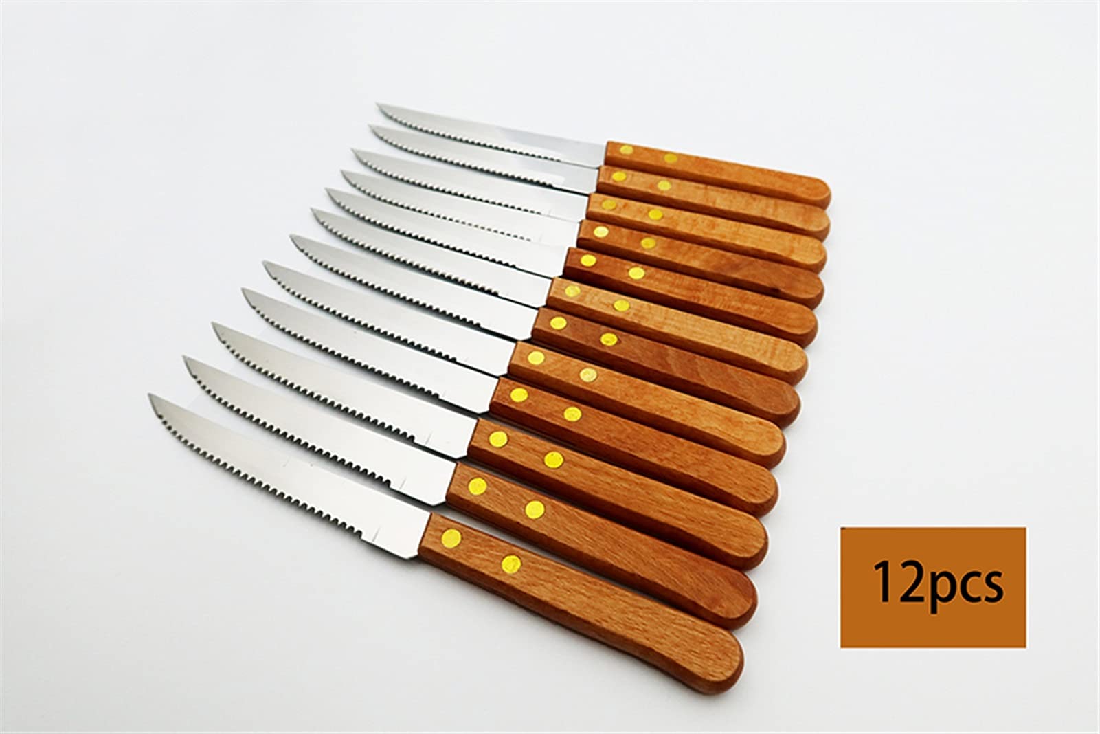 12pcs Cuchillo de filete de acero inoxidable con mango de madera Cuchillos de mesa Conjunto de vajillas Cubiertos de restaurante