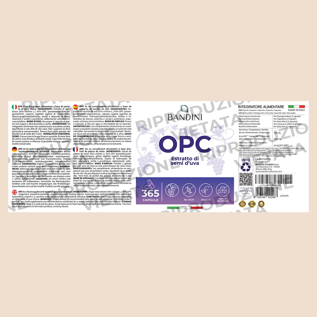 Bandini® Integratore OPC 365 Capsule Vegane, (95%) Estratto Semi d'Uva + Vitamina C, OPC puro da uva italiana con Contenuto più Alto Secondo HPLC, Antiossidante, Proantocianidina Oligomerica 95%