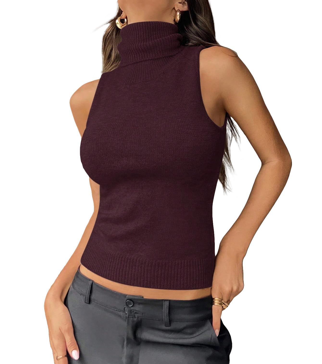 Women Casual Turtleneck Sweater Vest Fold Over High Neck Rib Knit Slim Fitted Crop Tank Tops Sleeveless Aesthetic