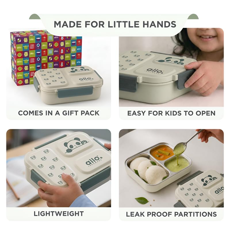 Image of Allo Bento Stainless Steel Lunch Box for Kids- BIS Approved, 304 Stainless Steel 3 Compartment Leakproof Tiffin Box for Boys and Girls for School, Travelling, Baby Snacks, 740ml Green Panda