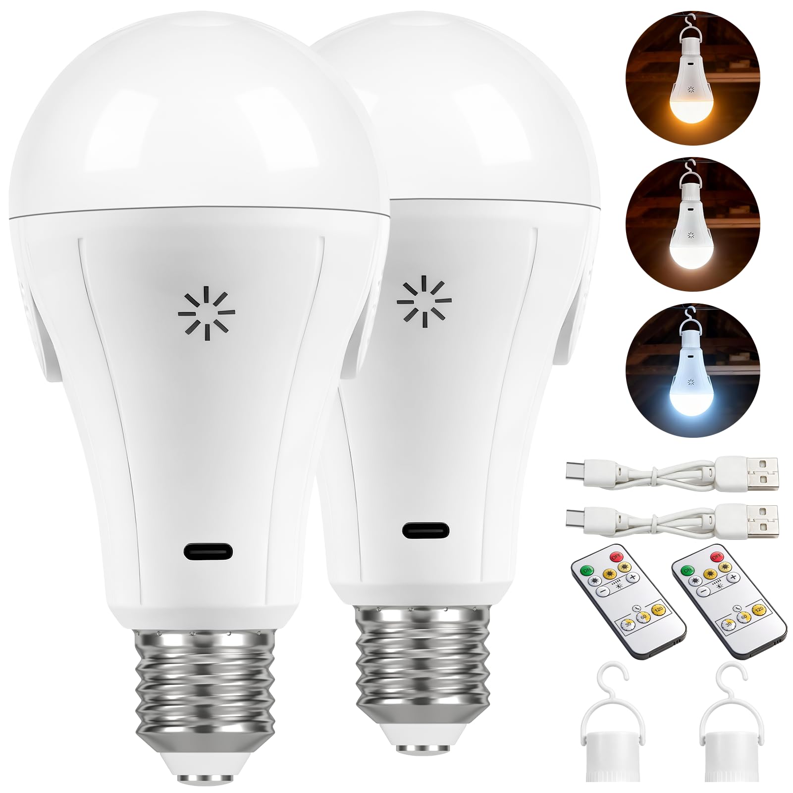 Vanke USB Rechargeable Light Bulb with Remote Control, 3 Color Temperature, E27 LED Dimmable Touch Control Bulbs with Timing Function, 2200mAh Battery Powered, Pack of 2
