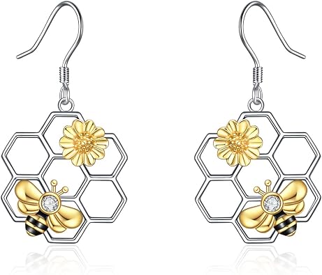 LUHE Bee Earrings for Women 925 Sterling Silver Bumble Earrings with Honeycomb Honeybee Jewelry Dangle Gifts for Women