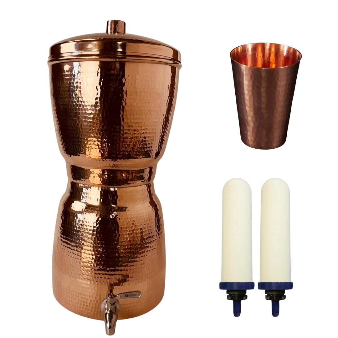 Sertodo Sana Vida Complete Copper Water Filter System | 2 Gal Capacity | Includes 2 Advanced Ceramic Shell/Carbon Core Filters, 1 Pure Copper Cup