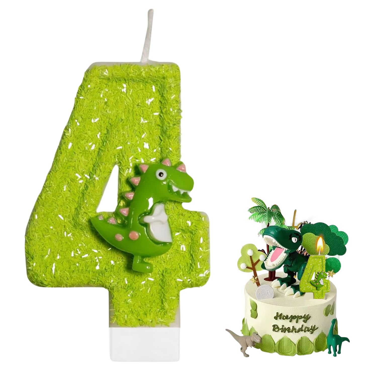 Birthday Candle, Green Dinosaur Birthday Candles for Cakes, Dinosaur Birthday Decorations, Dinosaur Cupcake Toppers, Cake Decorations, Long Burn Time (4th Birthday Candle) — image 1