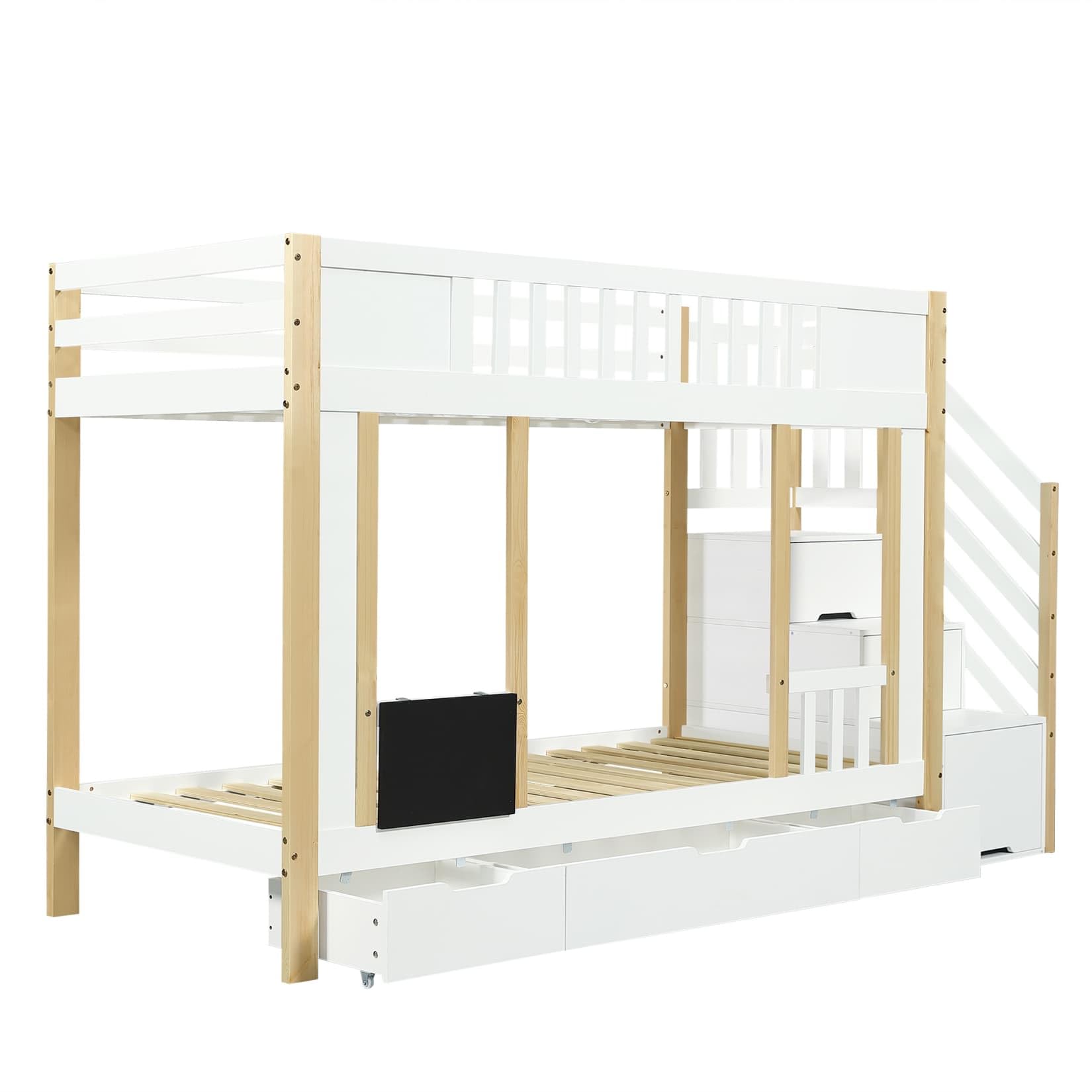 Lit Superposé Enfant 90x200 cm,Lit Superposé 2 Places avec 3 Tiroirs à roulettes,Petit Tableau Noir,Escalier de Rangement,Barrières Hautes,pour Garçons Filles