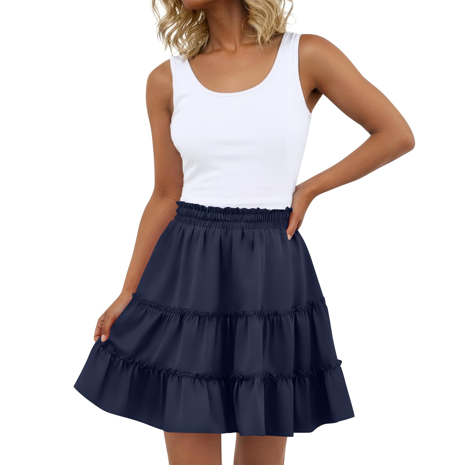 Mini Skirts for Women Pleated Elastic Waist Flowy A Line Skirt Trendy Ruched Tiered Ruffle Summer Outfits Skorts