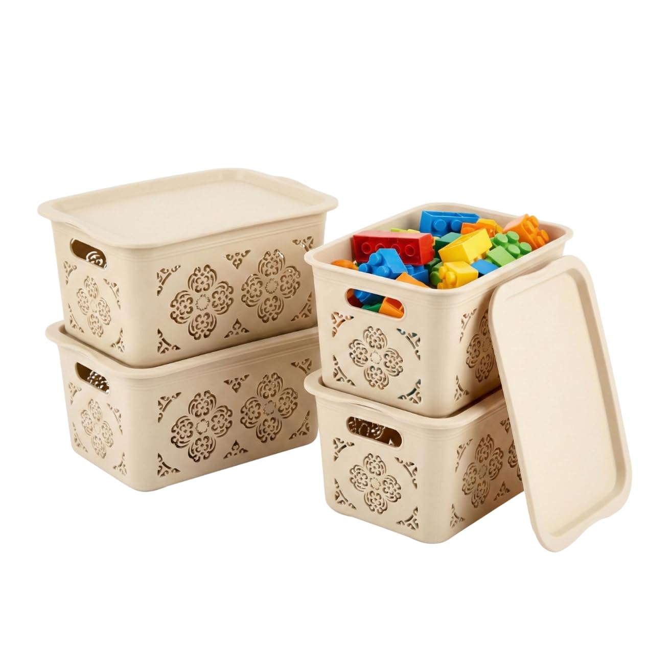 HOMESHOPA Small Plastic Storage Baskets with Handles and Lids, 4 Pack Beige Stackable Storage Containers Bins for Kitchen, Bathroom, & Office Shelf Narrow Boxes — image 1