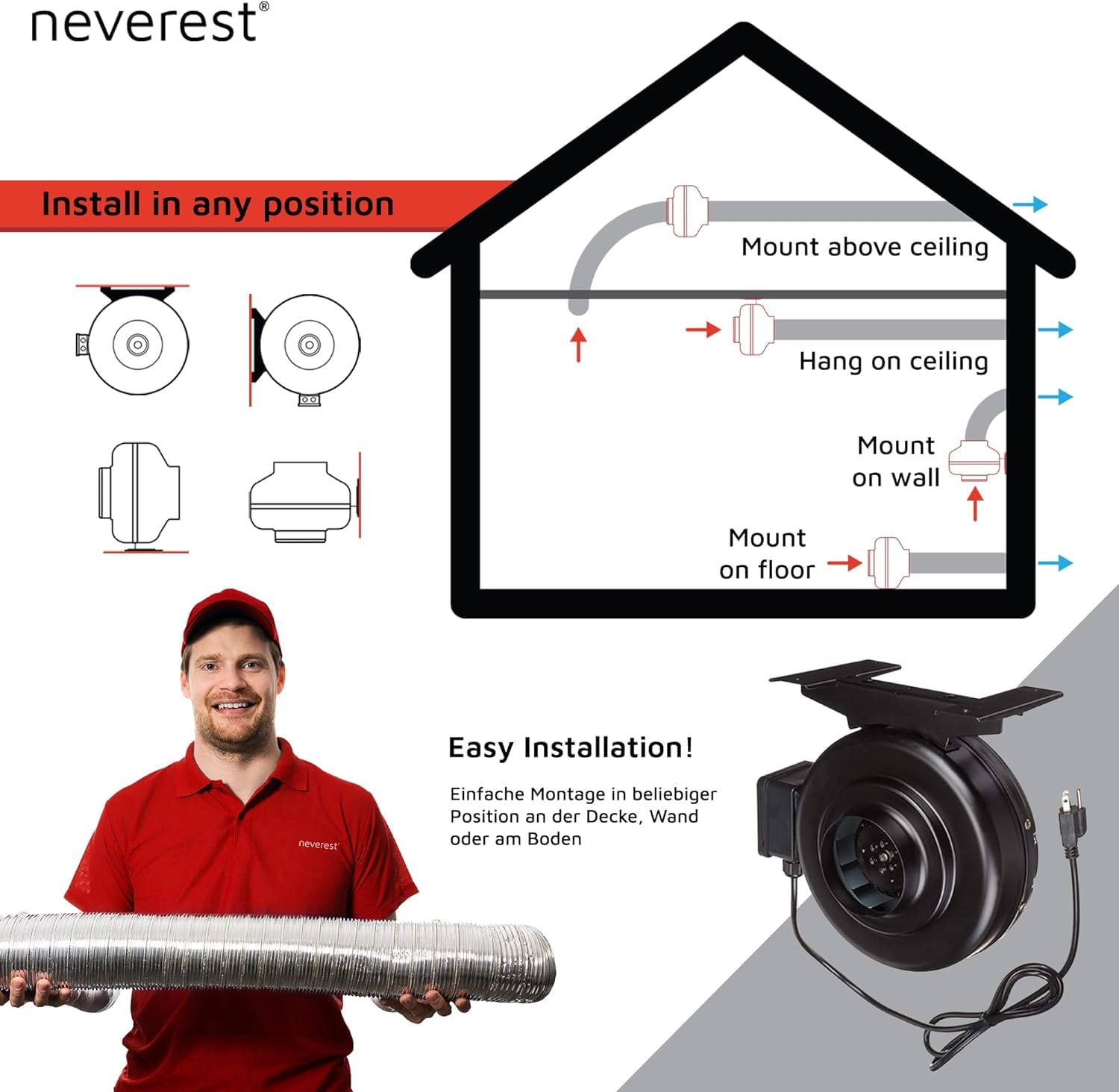 neverest® RV-B 100 mm Ventilatore Centrifugo in Linea Aspiratore Professionale Condotto Riscaldamento Raffreddamento 210 CFM, 300 pa, 2400 rpm, 42 dB (A) 70 W 0.65 A Min/Max.