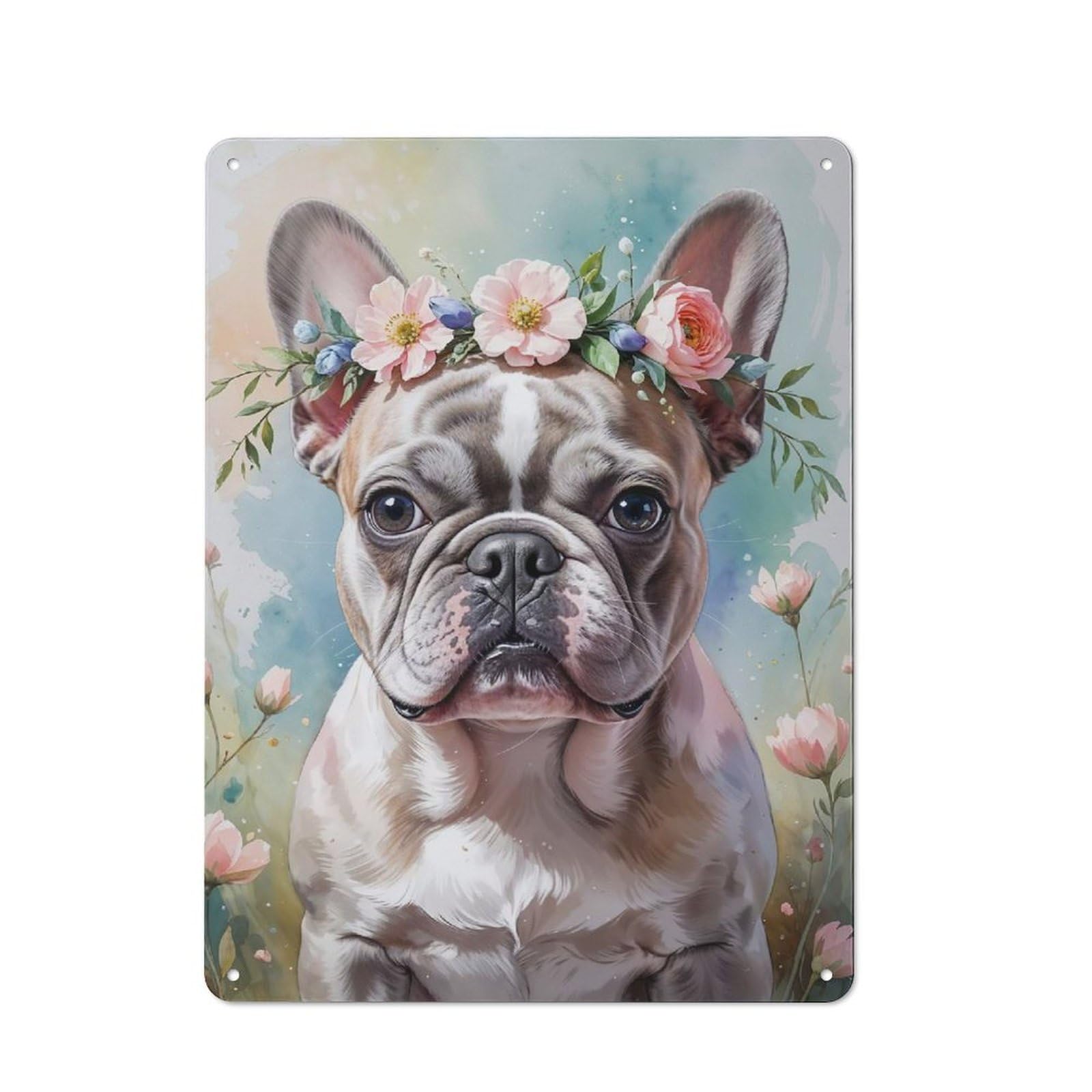 Junmoney French Bulldog With Flower Crown Watercolor Vintage Tin Sign With Design 40X30cm, Nostalgic Nostalgic Wall Art For Living Room, Hallway, Kitchen Or Cafe
