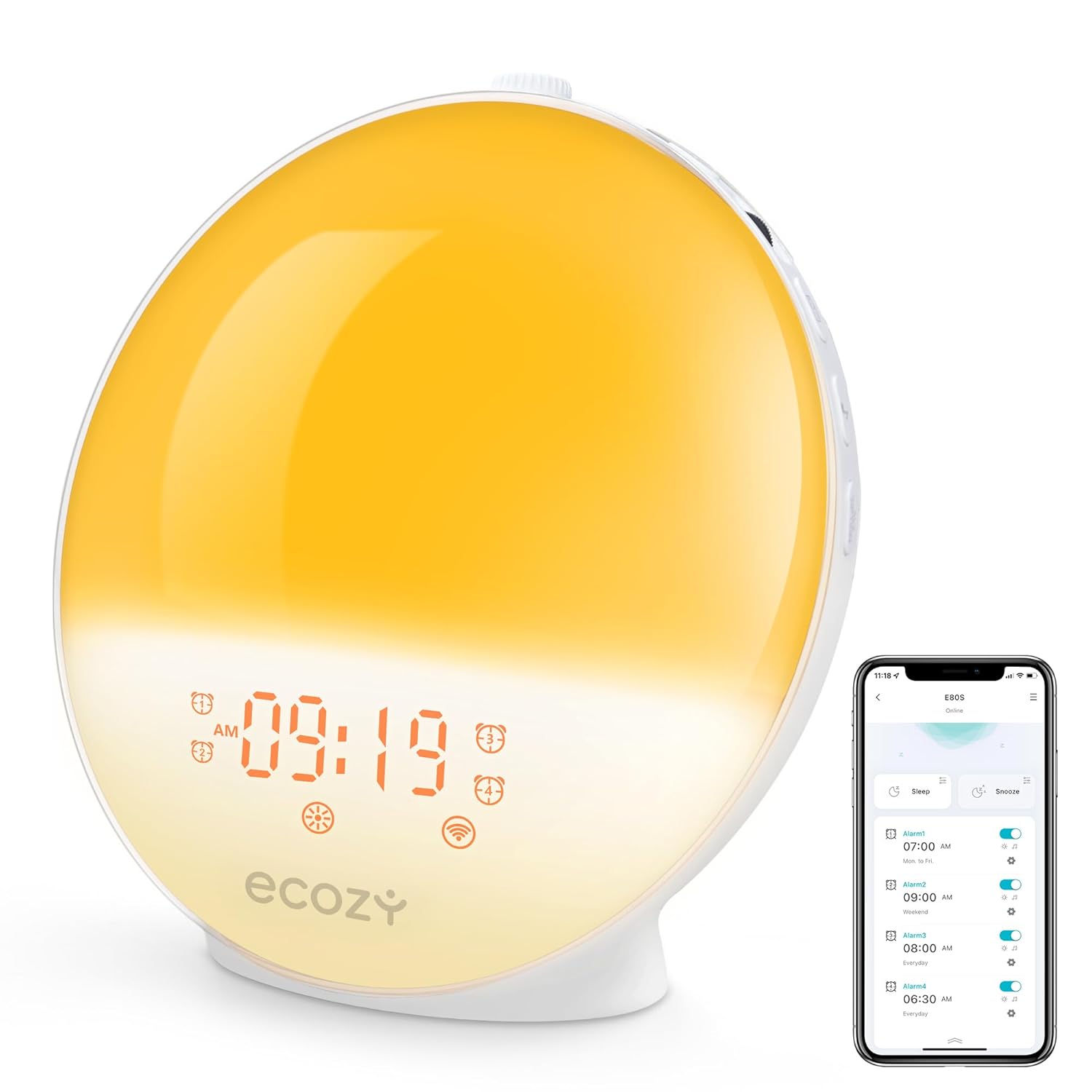 ecozy Sunrise Alarm Clock for Heavy Sleepers, Smart Wake Up Light with Sunrise/Sunset Simulation, App & Voice Controlled, Natural Sounds & FM Radio, 4 Alarms & Snooze, 8 Colors...