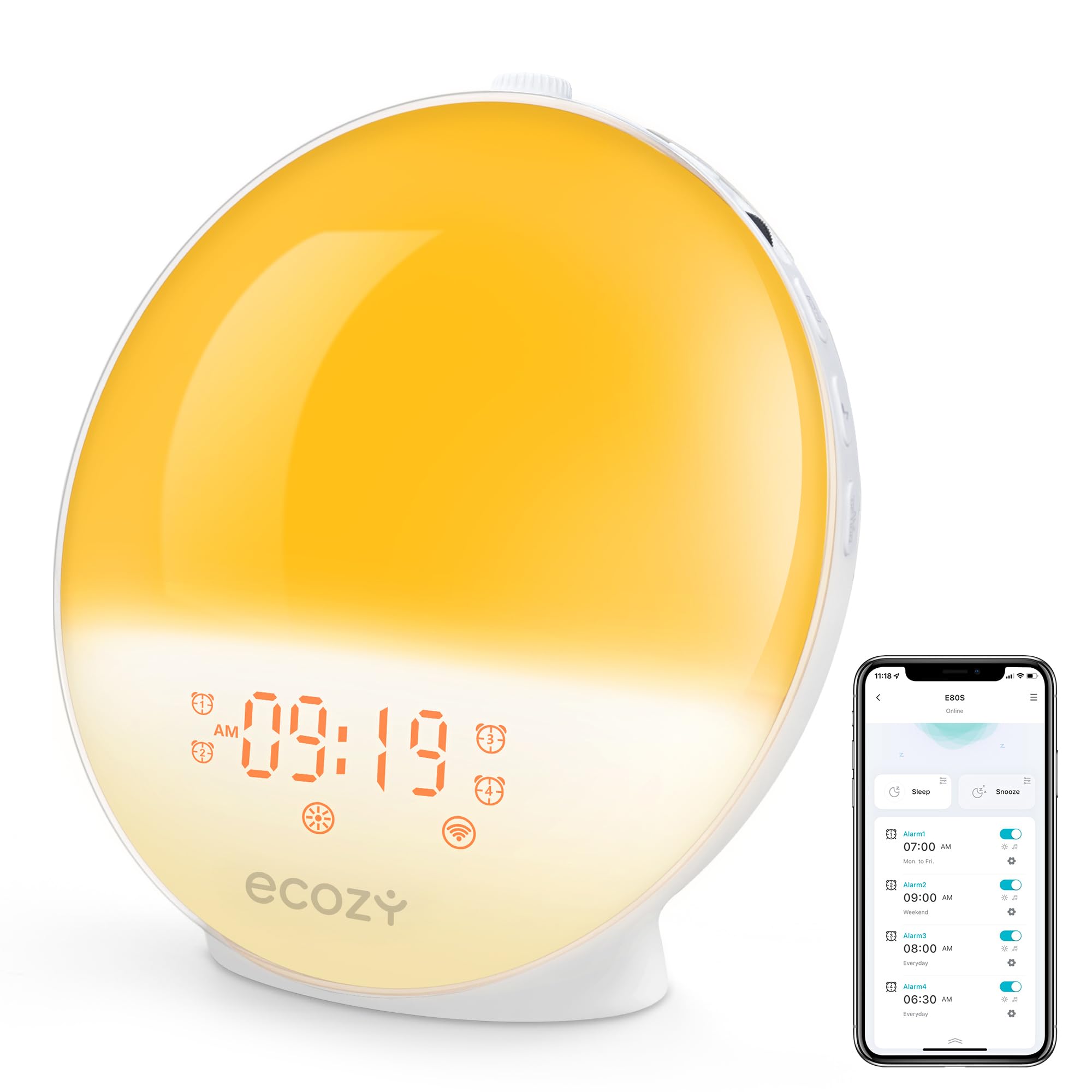 ecozy Sunrise Alarm Clock for Heavy Sleepers, Smart Wake Up Light with Sunrise/Sunset Simulation, App & Voice Controlled, Natural Sounds & FM Radio, 4 Alarms & Snooze, 7 Colors Night Light