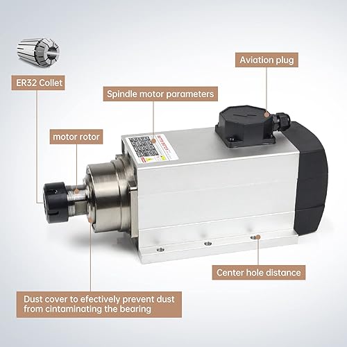 Miniatura 5 de CNCTOPBAOS Motor de husillo refrigerado por aire de 4.5KW, brida cuadrada de husillo CNC de alta velocidad 18000rpm ER32 4 rodamientos 220V 300Hz