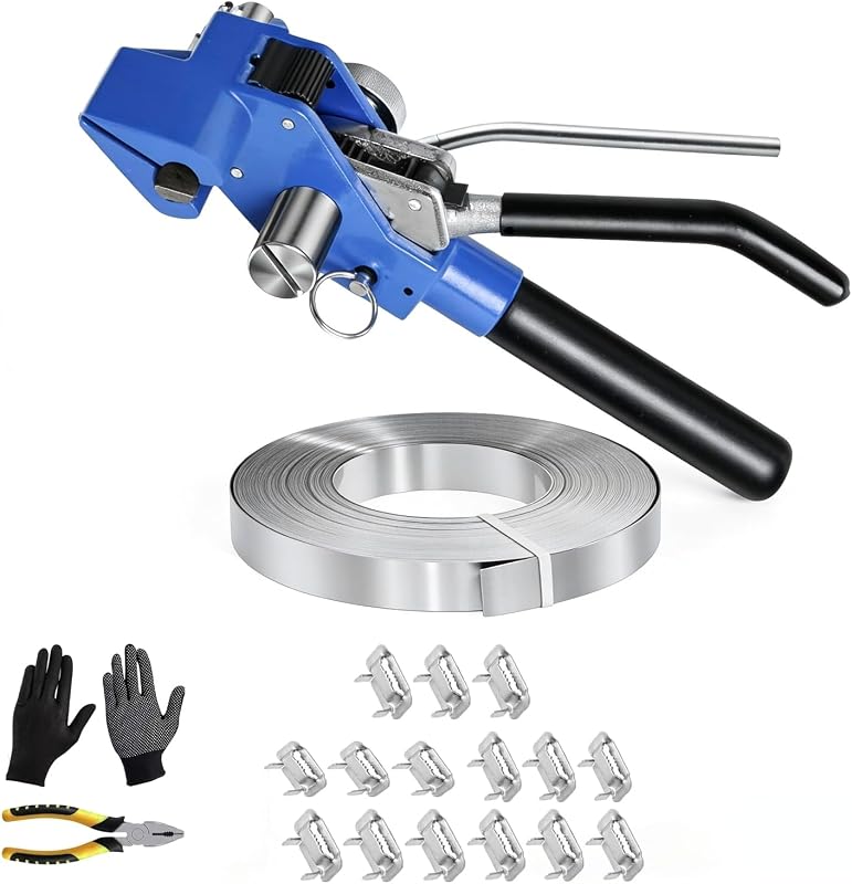 Kit de flejado de bandas de acero, bobina de acero inoxidable S304 de 3/4" x 100 pies con tensor y cortador de trinquete manual, 100 hebillas de bloqueo de oreja, herramienta de flejado de metal resistente para paletas, tuberías y agrupaciones