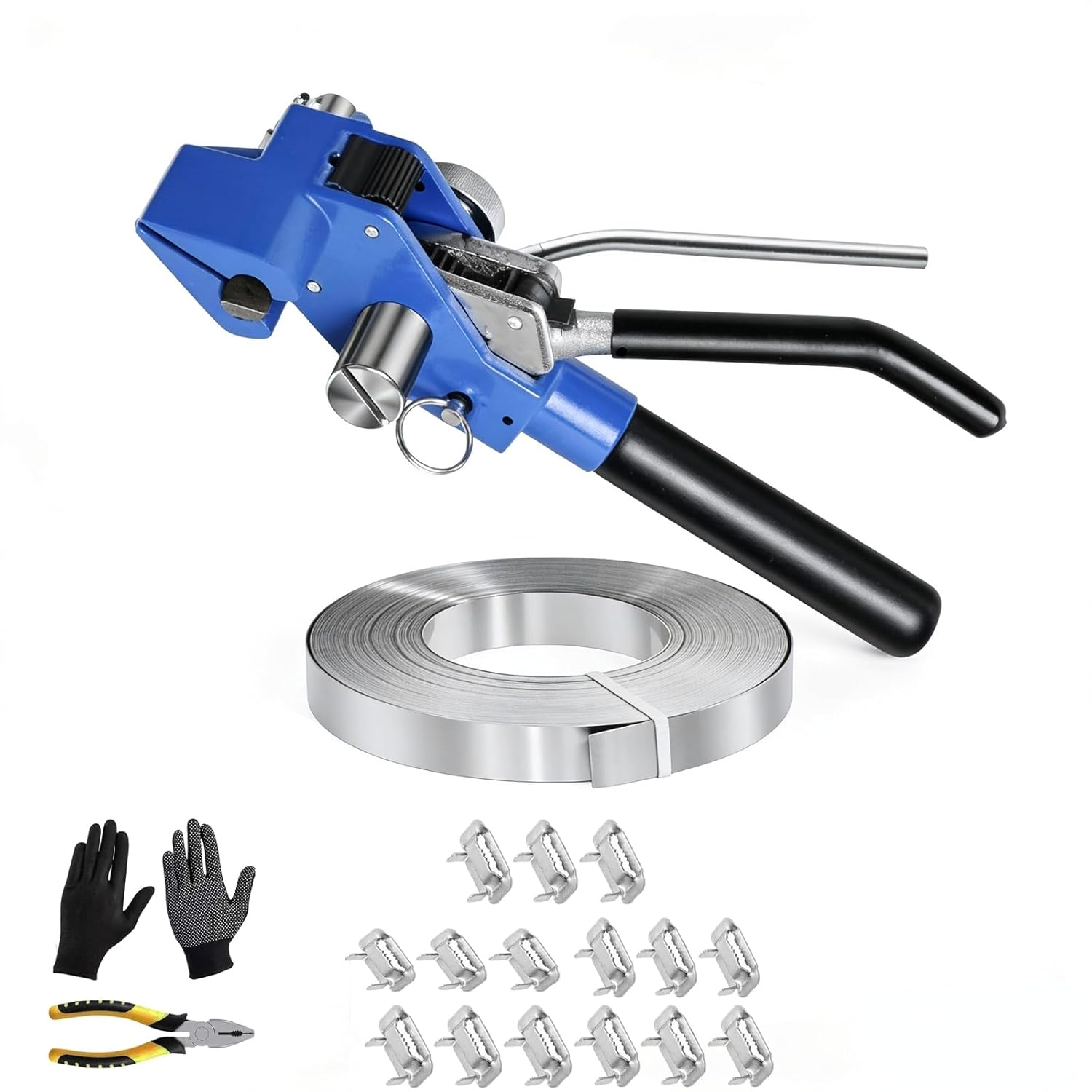 Steel Banding Strapping Kit, 3/4" x 100 Ft S304 Stainless Steel Coil with Manual Ratchet Tensioner & Cutter, 100pcs Ear-Lock Buckles, Heavy Duty Metal Strapping Tool for Pallets, Pipes & Bundling