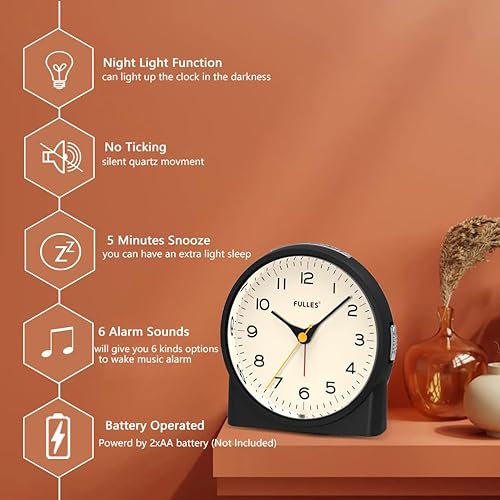 Miniatura 2 de Reloj despertador analógico silencioso sin tictac, durmientes pesados, repetición, 6 sonidos de despertador, funciona con pilas y funciones de luz,