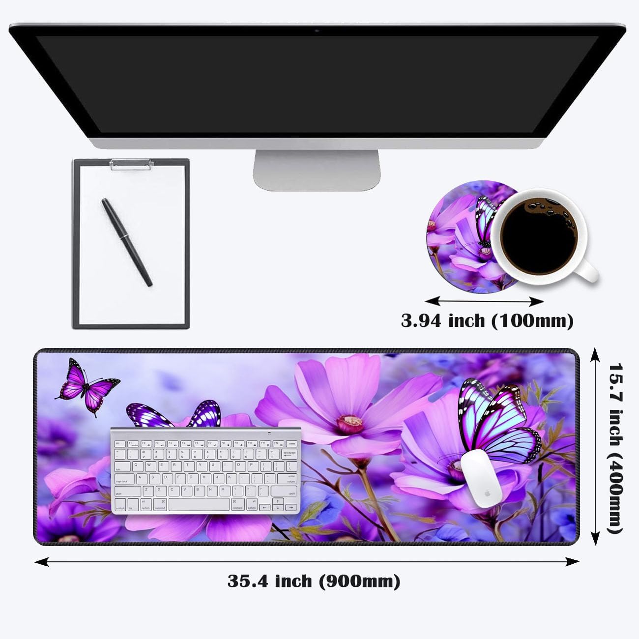 Desk Pad Mat Gaming Mouse Pads with Coasters, Stitched Edges Design Mouse Pad XXL Large Mouse Pad for Laptop Computers Purple Flowers and Butterflies Desk Writing Mat for Office & Home 35.4"x 15.7"
