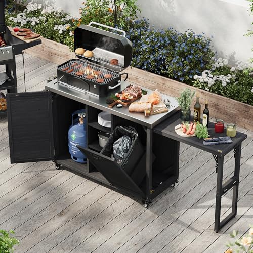 78.3" Outdoor Kitchen Island with Foldable Grill Table Wooden BBQ Cart with Trash Can Storage & Stainless Steel Top Outdoor Bar Cart for Patio Garden