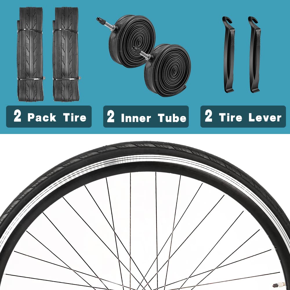 1 or 2 Pack 700X23C/25C/28C/35C Road Bike Tires with or Without 2 Inner Tubes Presta Valve and 2 levers for City Commuter Road Pavement Garden Trail Bike Tires