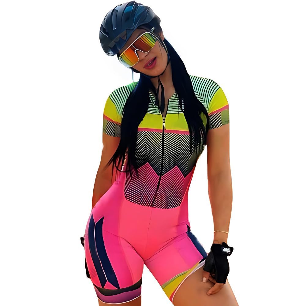 Traje de ciclismo para mujer, de manga corta, multicolor, con retazos, pantalones cortos de triatlón