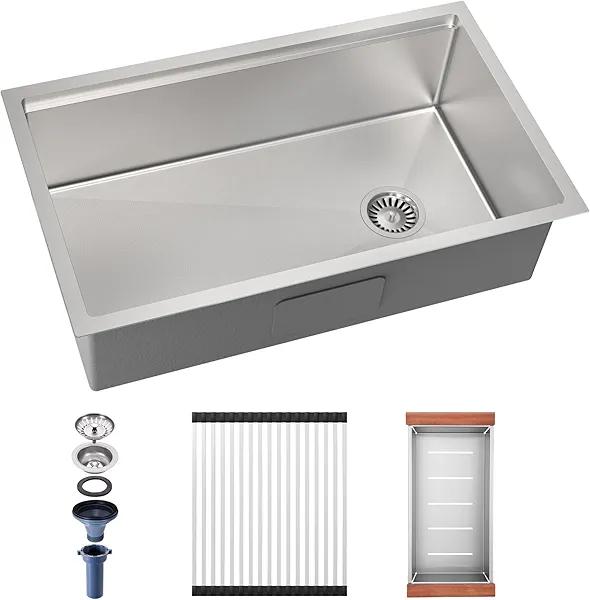 Frogink 32-Inch Drop in Kitchen Sink Handmade Undermount Stainless Steel Single Bowl Kitchen Workstation Sink in 9-inch-Depth 32"x19"x9" 16 Gauge with Nano Coating in Offset Drain