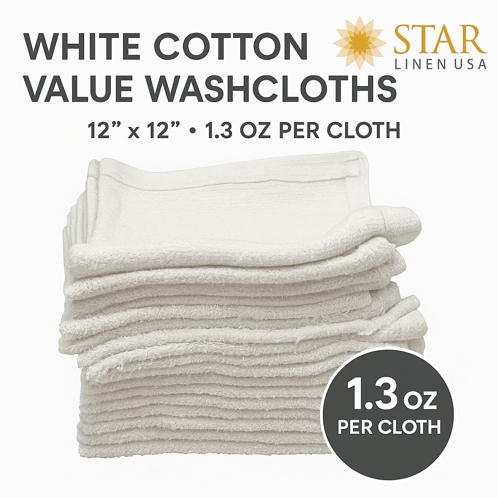 Marquis Mills 12 Inch x 12 Inch White Cotton Value Washcloths - Reusable Lt Weight Thin Cloth Rags - Bath/Exfoliating/Kitchen/Garage - Set of 24
