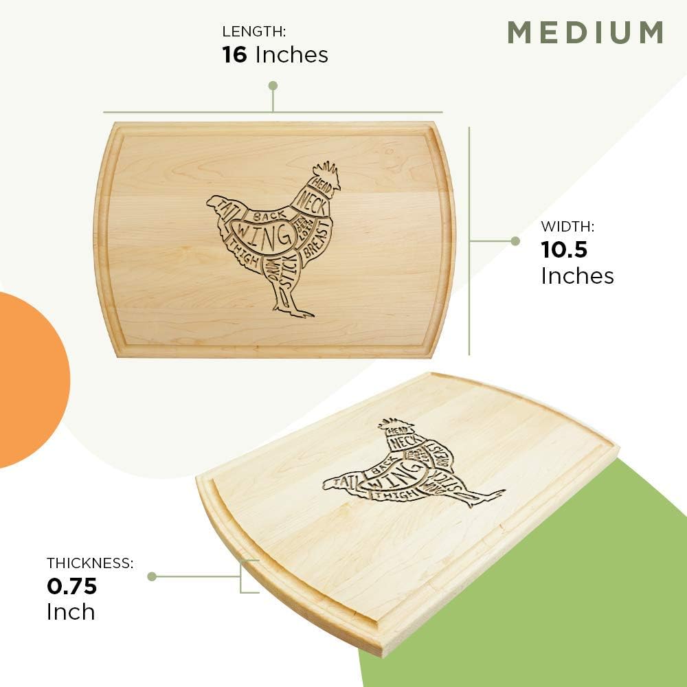 Chicken Cuts-Wooden Cutting Board for Kitchen Juice Groove Natural Custom Engraved in USA, Wedding Anniversary Birthday Present, Housewarming New Home (Maple 10.5x16 Inch)