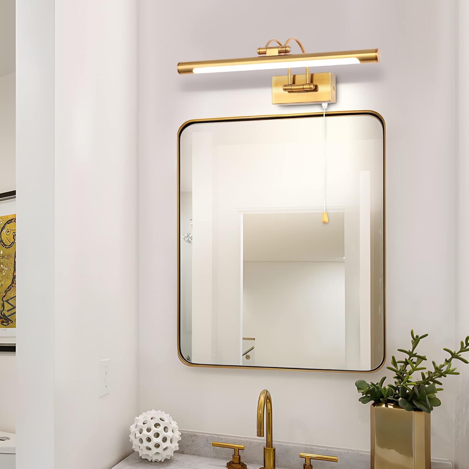 Applique Parete LED 40cm 8W Illuminazione Specchio Bagno IP44 3000K Ottone Braccio Regolabile Interruttore a Trazione Luce da Lettura Interni Applique per Comodino