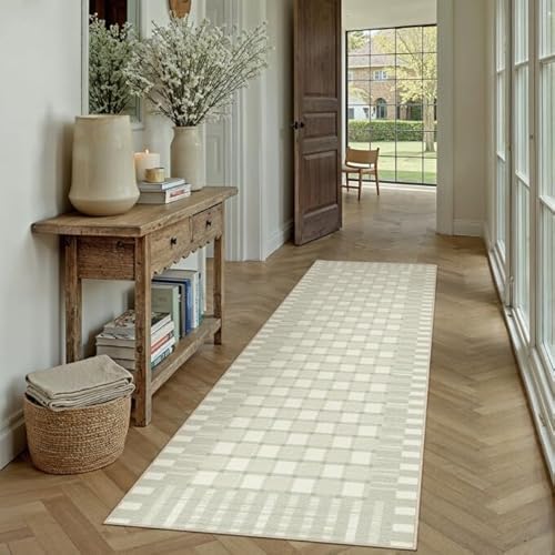 Green 2x6 Runner Rug for Hallways Machine Washable Checkered Rugs Non-Slip Low Pile Boho Indoor Accent Long Carpet for Entrance Kitchen Bedroom Dining