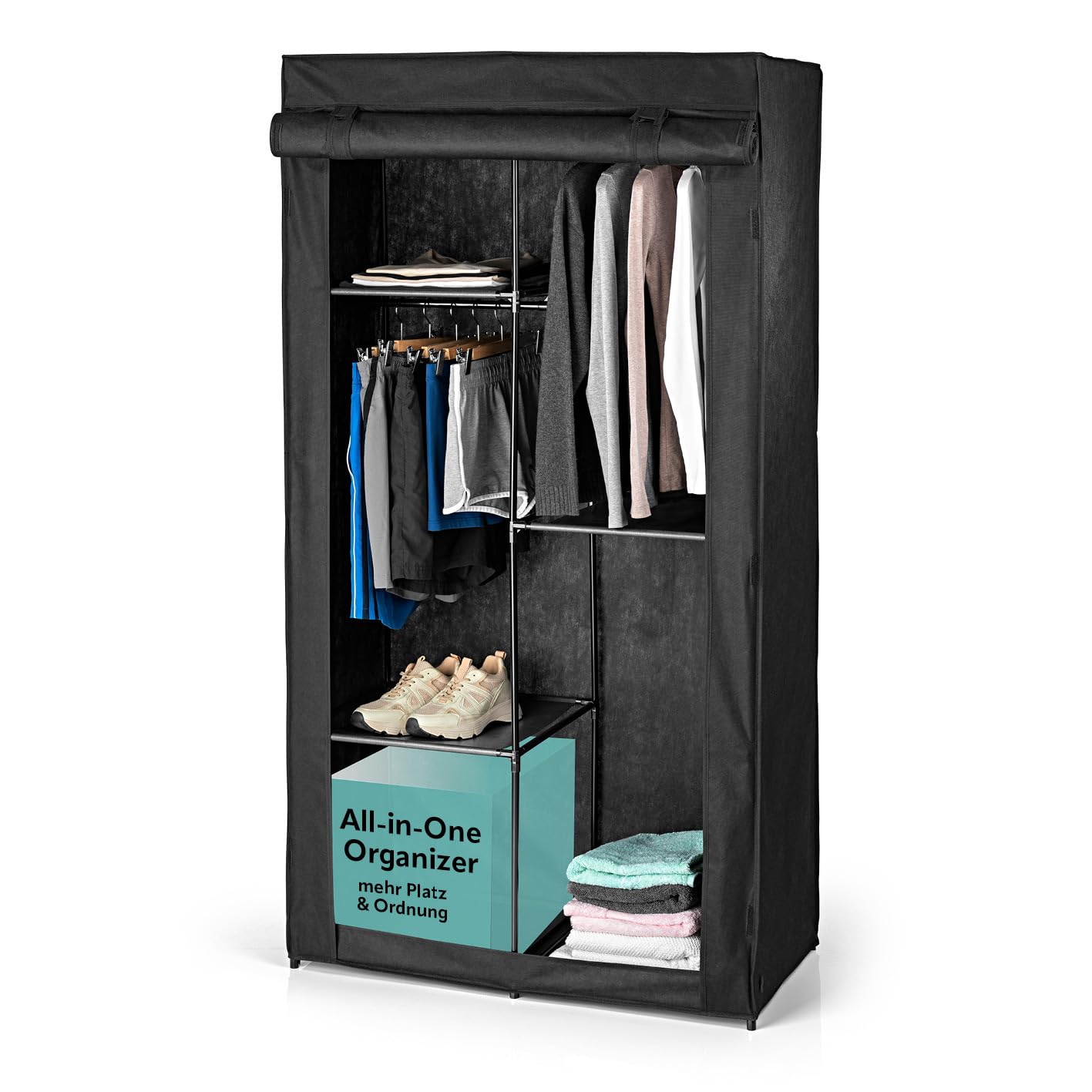 EASYmaxx Kleiderschrank | Faltbarer Stoffschrank mit Klettverschluss & Kleiderstange | Stoffkleiderschrank – ideal als Campingschrank oder mobiler Kleiderschrank zu Hause | Kleiderständer modular