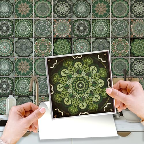 WALPLUS Lot de 24 Pièces Crédence Cuisine à Coller Stickers Carrelage 15x15 cm Amovible Carrelage Adhesif Mural Cuisine Vert Vintage Marocain Stickers...